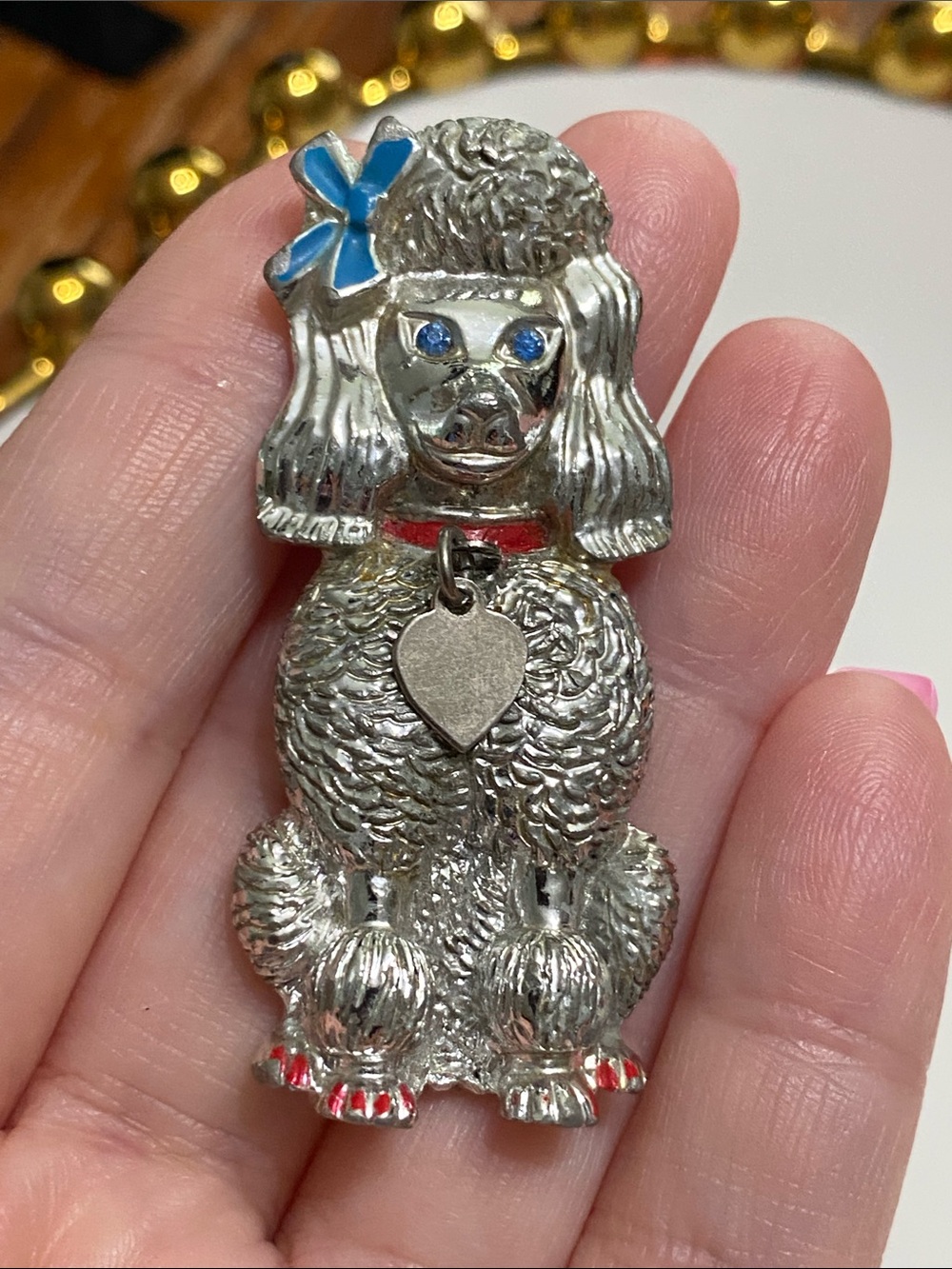 Vintage Silver-tone Poodle Brooch with Blue Bow and Red Accents
